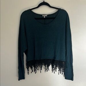 Teal Ribbed Sweater with Black Lace Fringe Trim